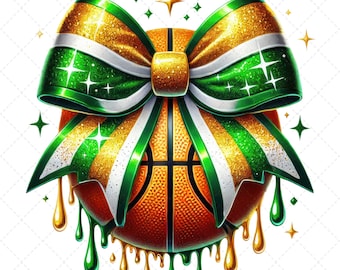 Imágenes prediseñadas de baloncesto de animadoras, coqueta de baloncesto PNG, día del juego PNG, lazo de animadora de baloncesto, lazo de animadora verde blanco y dorado, baloncesto goteando PNG
