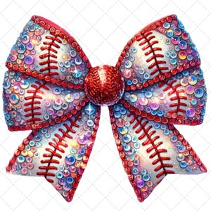 May include: A large red and white bow with a baseball design. The bow is covered in rhinestones and has a red baseball as the center piece.