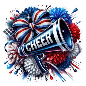 Peut inclure: Un mégaphone bleu avec le mot "CHEER" imprimé dessus, entouré de fleurs rouges, blanches et bleues et d'un nœud rouge, blanc et bleu.