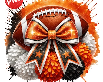 Lazo de porristas de fútbol PNG, naranja, negro y blanco, clipart de porristas, lazo de fútbol con purpurina, PNG del día del juego, pompón de porristas, PNG del equipo de porristas
