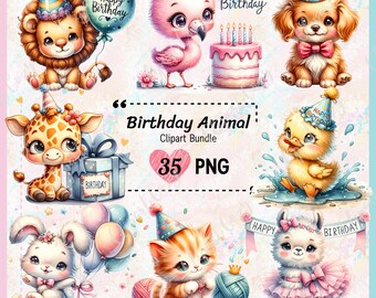 35 Birthday Animals Clipart Bundle, Birthday clipart, Animal PNG transparent background, Watercolor Clipart, Greeting Card, Commercial Used
