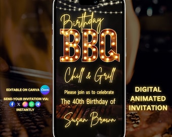 Invitación animada de video de barbacoa de cumpleaños, invitación de fiesta, invitación de barbacoa de cumpleaños, plantilla editable, frío y parrilla, plantilla editable de bricolaje