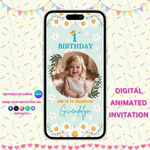 1st Daisy Birthday Girl Video Invitation, Editable Birthday Party Invitation, Party Invitation, Electronic Editable Template, Cute HBD Video