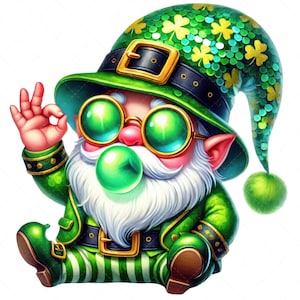以下が含まれることがあります： クローバーがあしらわれた緑色の帽子、緑色のサングラス、緑色のジャケットを着た緑色の妖精のノームが、緑色の泡を吹いている。彼は右手を上げてOKサインをしている。