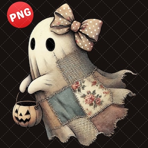 May include: A whimsical ghost illustration with a patchwork design, wearing a polka-dot bow and carrying a jack-o'-lantern bucket. The ghost's body is a soft white, with patches of blue, floral, and patterned fabrics. A red circle with "PNG" is in the upper left corner.
