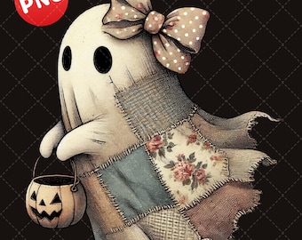 Patchwork Quilt Ghost PNG, Vintage Halloween Clipart, Vintage Quilt Ghost, Retro Halloween Ghost, Halloween Ghost with Bow, Patchwork Ghost