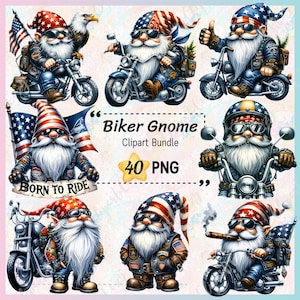 Paquete de 40 imágenes prediseñadas de gnomos moteros, gnomo americano en motocicleta, gnomo PNG, imágenes prediseñadas de motero americano, gnomo motero PNG, gnomo a caballo, rally de motos