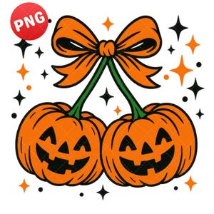 Pode incluir: Uma ilustração digital de duas abóboras laranja com rostos de jack-o'-lantern esculpidos, conectadas por caules verdes e um laço laranja. Estrelas e diamantes pretos e laranja circundam as abóboras, com um logotipo "PNG" vermelho no canto superior esquerdo.