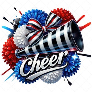 Cheer Red Blue White, Cheer Megaphone, Cheer Coquette Bow, Cheerleading Design, Cheer Squad  PNG, Cheerleading PNG, Cheer Pom-Poms Art