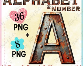 May include: A set of 36 rusty metal alphabet letters and 8 numbers in PNG format. The letters are in a bold, industrial font. The image also includes a free set of 8 special characters.