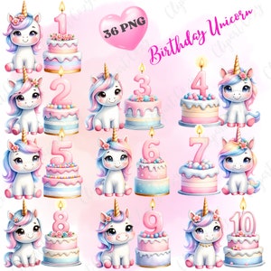 Pacote de clipart de unicórnio de 36 aniversários, clipart de aniversário, fundo transparente de unicórnio PNG, clipart aquarela, cartão comemorativo, comercial usado