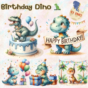 Op de afbeelding: Een set van 27 digitale illustraties met schattige cartoon-dinosaurussen die een verjaardag vieren. De illustraties bevatten dinosaurussen met feestmutsen, die ballonnen vasthouden en taart eten. Er is ook een banner met de tekst "Happy Birthday!"