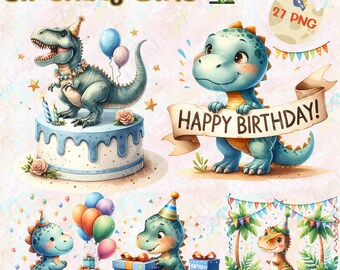 Paquete de imágenes prediseñadas de dinosaurio de 27 cumpleaños, imágenes prediseñadas de cumpleaños, fondo transparente de dinosaurio PNG, imágenes prediseñadas de acuarela, lindo T-Rex de cumpleaños, uso comercial