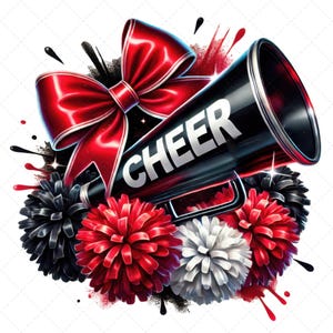 Könnte beinhalten: Ein schwarzes Megafon mit dem Wort "CHEER" darauf, umgeben von roten und weißen Pompons und einer roten Schleife.