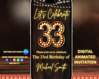 Invitación animada en vídeo del 33.º cumpleaños, invitación a la fiesta, vídeo de invitación número 33, plantilla editable, invitación al número de marquesina, vídeo de invitación digital