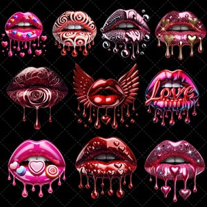May include: Nine different digital illustrations of dripping red lips with various designs. The designs include hearts, swirls, roses, glitter, and the word "Love".