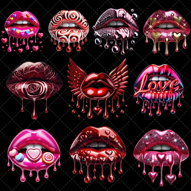 May include: Nine different digital illustrations of dripping red lips with various designs. The designs include hearts, swirls, roses, glitter, and the word "Love".