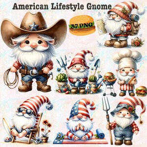 Bundle de clipart Gnome américain style de vie, clipart Gnome mignon, Gnome PNG Transparent fond, Clipart Gnome américain, Commercial utilisé