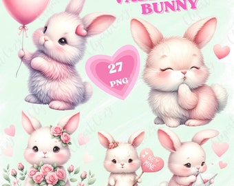 27 Valentines Bunny clipart bundle, Valentines clipart, Bunny PNG, Cute Pink Bunny, Cute Valentines, Sweet Festive, Commercial Used