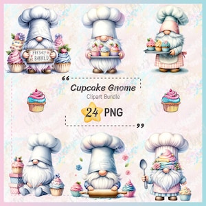 May include: A set of 24 digital clipart images featuring cute gnomes dressed as bakers holding cupcakes and other baking supplies. The gnomes are wearing white chef hats and aprons. The text "Cupcake Gnome Clipart Bundle 24 PNG" is displayed on the image.