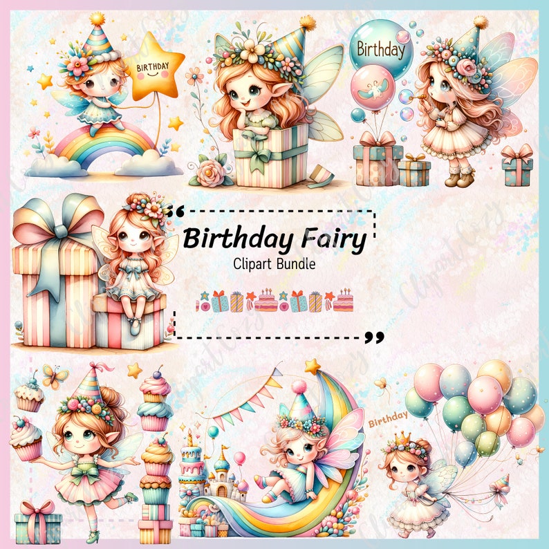 Birthday Fairy Clipart Bundle: Watercolor PNG Graphics (35 Files ...