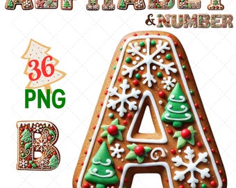 Christmas Cookie Alphabets & Numbers, X'Mas Alphabet Number, Alphabet bundle, X'Mas PNG, Ginger Bread Alphabet, Commercial Used, Cute X'Mas