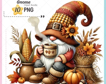 Paquete de 10 imágenes prediseñadas de gnomos de Acción de Gracias, imágenes prediseñadas de gnomos, gnomos de café, fondo transparente PNG de gnomos, descarga digital, imágenes prediseñadas de Acción de Gracias