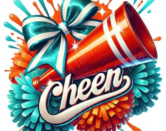 Cheer Aqua Orange White, Cheer Megaphone, Cheer Coquette Bow, Cheerleading Design, Cheer Squad Watercolor PNG, Cheerleading PNG