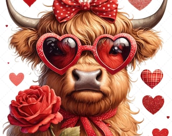 Vaca de las Tierras Altas de San Valentín, PNG de San Valentín, Día de San Valentín, Diseño romántico, Corazón de San Valentín, PNG de amor, Diseño de sublimación