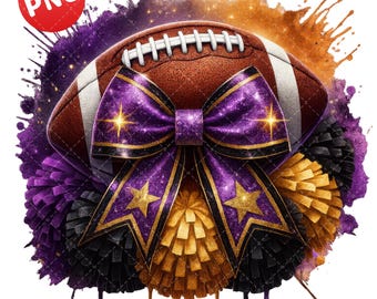 Football Cheer Bow PNG, Purple Black Metallic Gold, Cheerleading Clipart, Glitter Bow Football, Game Day PNG, Pom Pom Cheer, Cheer Squad PNG