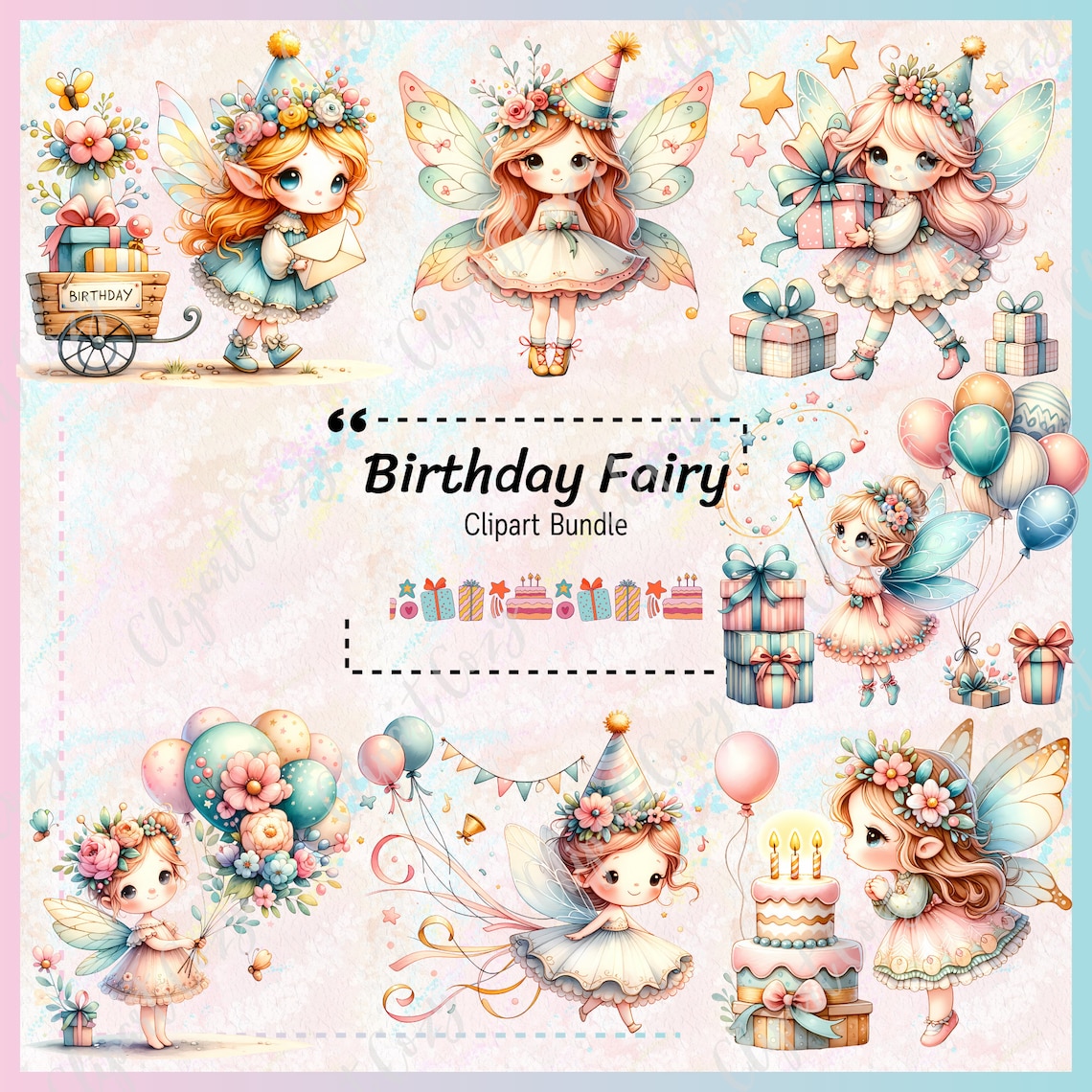 Birthday Fairy Clipart Bundle: Watercolor PNG Graphics (35 Files ...