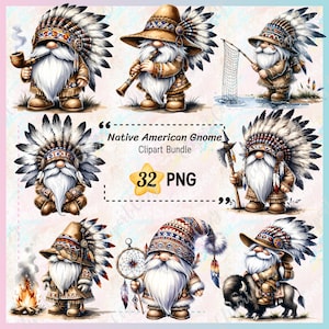 May include: A digital clipart bundle featuring Native American gnomes. The gnomes are depicted in various poses, wearing traditional headdresses and clothing. Some gnomes are smoking pipes, playing flutes, holding fishing nets, or carrying weapons. The bundle includes 32 PNG files.