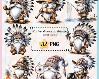 32 Paquete de imágenes prediseñadas de gnomos nativos americanos, gnomos indios, gnomos PNG fondo transparente, imágenes prediseñadas de gnomos de indios americanos, uso comercial.