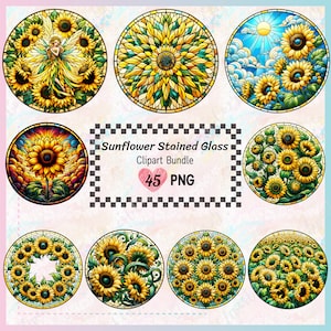 45 Sunflower Stained Glass clipart bundle, PNG Transparent background, Circular Stained Glass, Sunflower Glass, Glass Art, Commercial Used