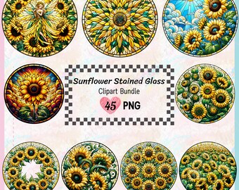 45 Paquete de imágenes prediseñadas de vidrieras de girasol, fondo transparente PNG, vidrieras circulares, vidrio de girasol, arte en vidrio, uso comercial