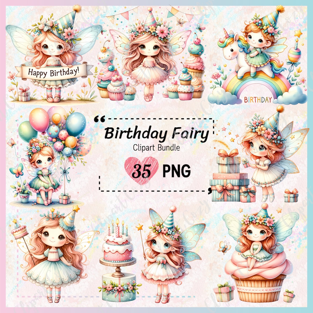 Birthday Fairy Clipart Bundle: Watercolor PNG Graphics (35 Files ...