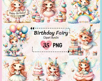 Paquete de imágenes prediseñadas de hadas de cumpleaños: Gráficos PNG de acuarela (35 archivos) (Descarga digital)