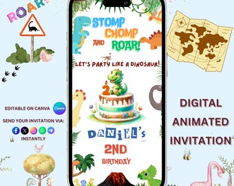 Animated 2nd Birthday Dinosaur Video Invitation, Editable Dinosaur, 2nd Birthday Boy, 2nd T-REX Birthday Cake, Dino Party Invite, HBD Dino
