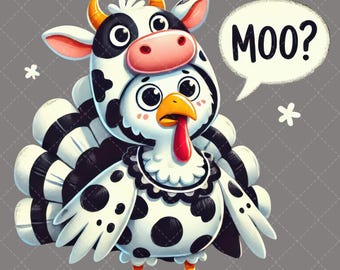 May include: A cartoon turkey wearing a black and white cow costume with the word "MOO?" in a speech bubble. The turkey has a red wattle and a black and white spotted body.