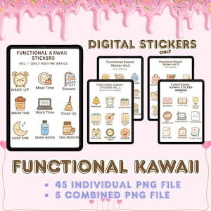 Pacote com 45 adesivos Kawaii funcionais, adesivos PNG para planejador digital pastel, carta dos EUA para impressão, adesivos Goodnotes, ícones fofos para estudo e vida