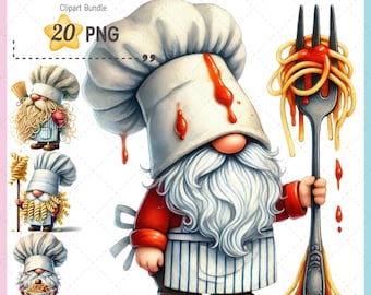 20 Pasta Gnome clipart bundle, Gnome clipart, Cooking Gnome, Kitchen Gnome, Culinary Character, Chef Gnome, Italian Food, Commercial Used