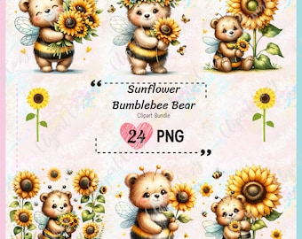 Paquete de 24 imágenes prediseñadas de oso abejorro y girasol, oso girasol, oso abejorro, linda abeja PNG, lindo oso PNG, primavera PNG, girasol PNG, oso abeja