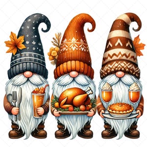 May include: Three gnomes dressed in fall colors are holding Thanksgiving themed items. The gnome on the left is holding a fork and knife, the gnome in the middle is holding a platter with a roasted turkey, and the gnome on the right is holding a plate with a pie and two glasses of wine.