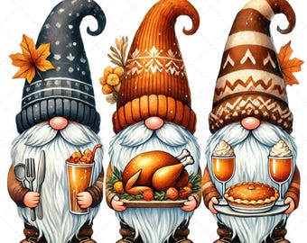 Gnomos de Acción de Gracias Clipart PNG / Tres gnomos festivos con pavo, bebida y pastel / Lindos gráficos de decoración de otoño / Arte imprimible de Acción de Gracias