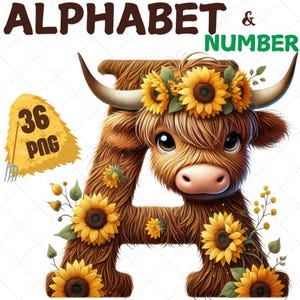Letras de vaca e girassol das terras altas, girassol PNG, arte de alfabetos e números, letras fofas, alfabeto PNG, vaca das terras altas PNG, vaca fofa das terras altas