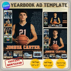 May include: Yearbook ad template featuring a basketball player, Joshua Carter, holding a basketball. The ad includes photos, text, and size options: full page (8.5" x 11"), half page (8.5" x 5.5"), and quarter page (4.25" x 5.5").