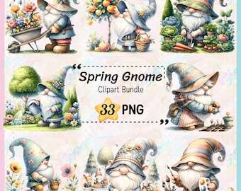33 Paquete de imágenes prediseñadas de Spring Gnome, imágenes prediseñadas de Gnome lindo, fondo transparente PNG de Gnome, magia de primavera, celebración de primavera, uso comercial