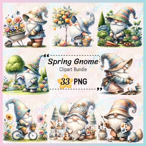 33 Spring Gnome clipart bundle, Cute Gnome clipart, Gnome PNG Transparent background, Springtime Magic, Spring Celebration, Commercial Used