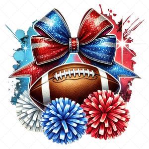 Cheer Royal Blue Red White, Cheer Football, Cheer Coquette Bow, Cheerleading Design with Pom Poms, Cheer Squad, glitter Bow Football