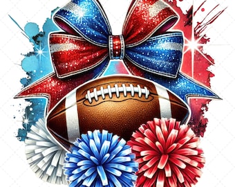 Cheer Royal Blue Red White, Cheer Football, Cheer Coquette Bow, Cheerleading Design with Pom Poms, Cheer Squad, glitter Bow Football
